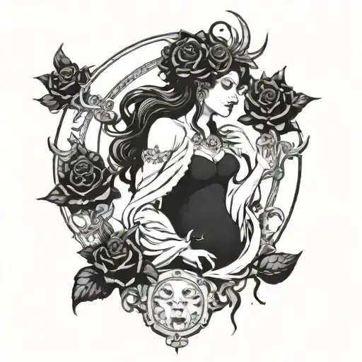 design an artwork of the goddess hecate with 3 heads, moons and thorns and roses. add smoke for effect. I want full body tattoo design idea
