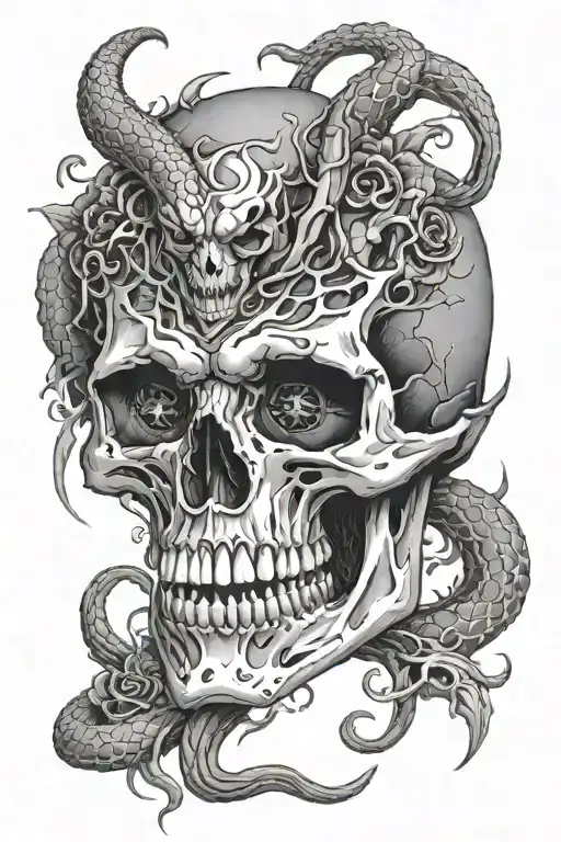black and white tattoo of a skull with cracked open jaw and a snake going through its eye sockets and mouth. add thorns tattoo design idea