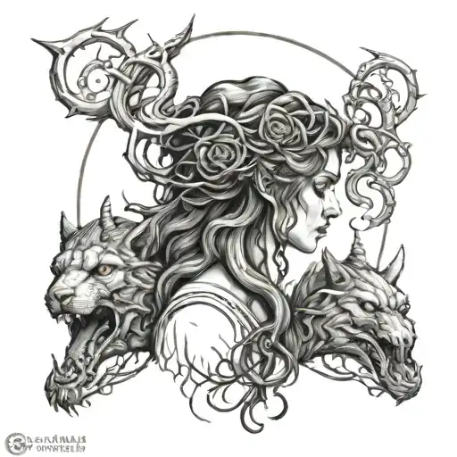 ancient goddess hecate with 3 heads and thorns to form the outline. also add the 3 moons related to hecate and snakes. tattoo design idea
