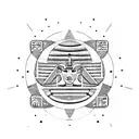 Ancient Egyptian hieroglyphs mixed with modern symbols representing tour guiding tattoo design idea