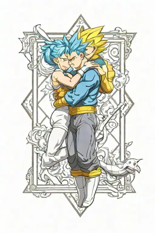Bulma hugs Vegeta, within a rhomboid frame with dragon ball anime elements tattoo design idea