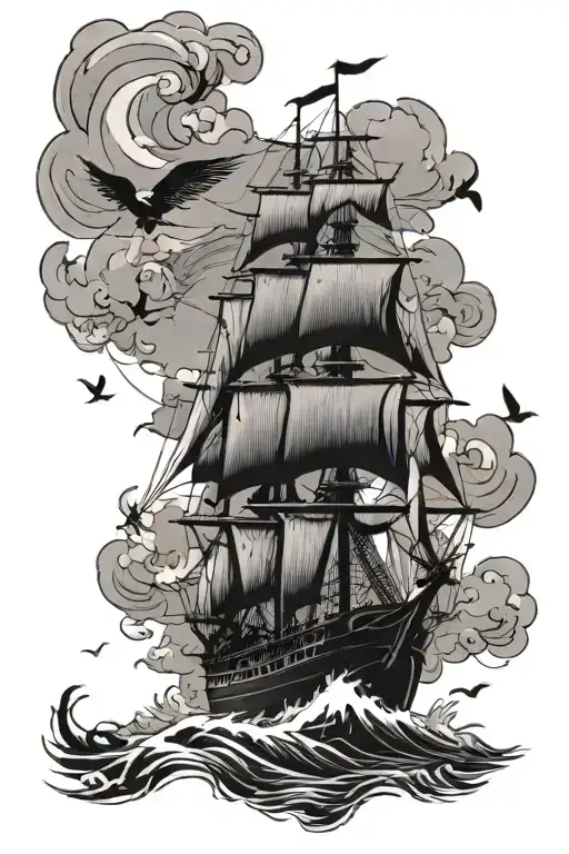 clipper ship sailing through stormy seas surrounded by birds tattoo design idea
