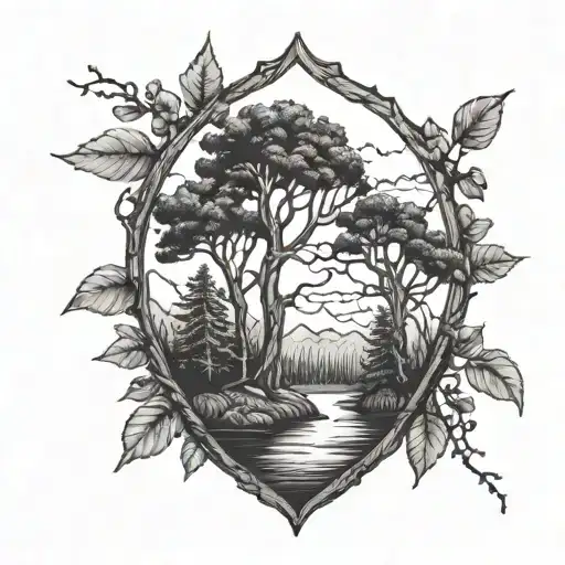 A serene landscape tattoo of a tranquil forest with a nurse's cap hanging from a tree branch, symbolizing the client's love for nature and silence tattoo design idea