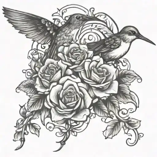 hummingbird, cross, roses tattoo design idea