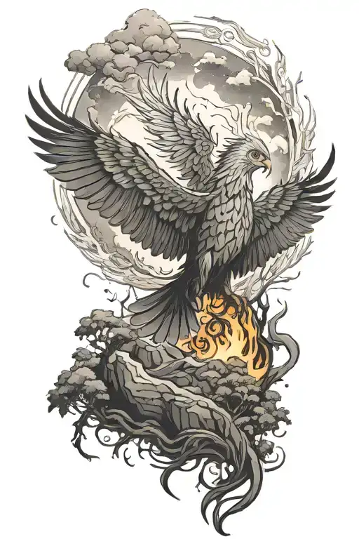 phoenix rising from a volcano in the forest scene tattoo design idea