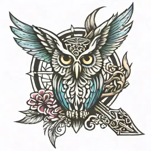tattoo combining the cross with Athena's owl and Poseidon's trident tattoo design idea