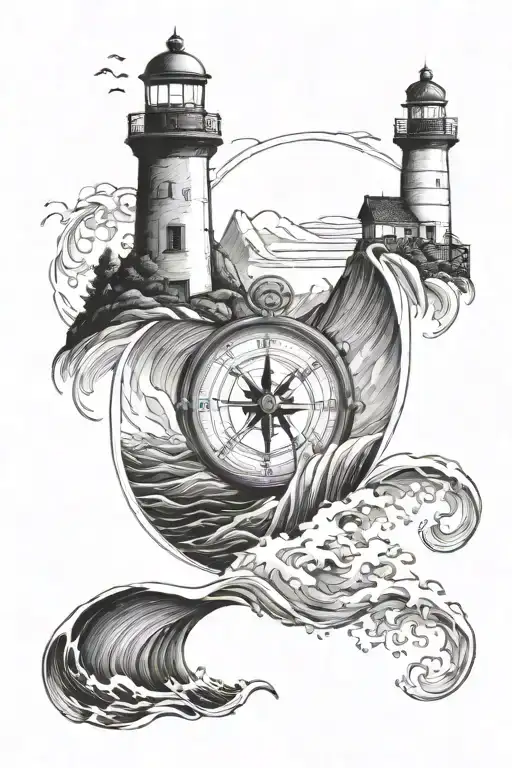 waves crashing on mountain with compass and lighthouse tattoo design idea