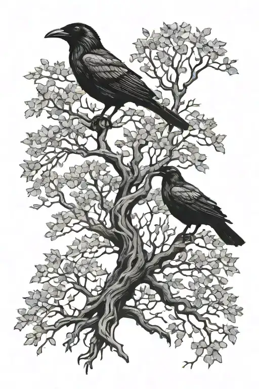two trees with raven sitting tattoo design idea