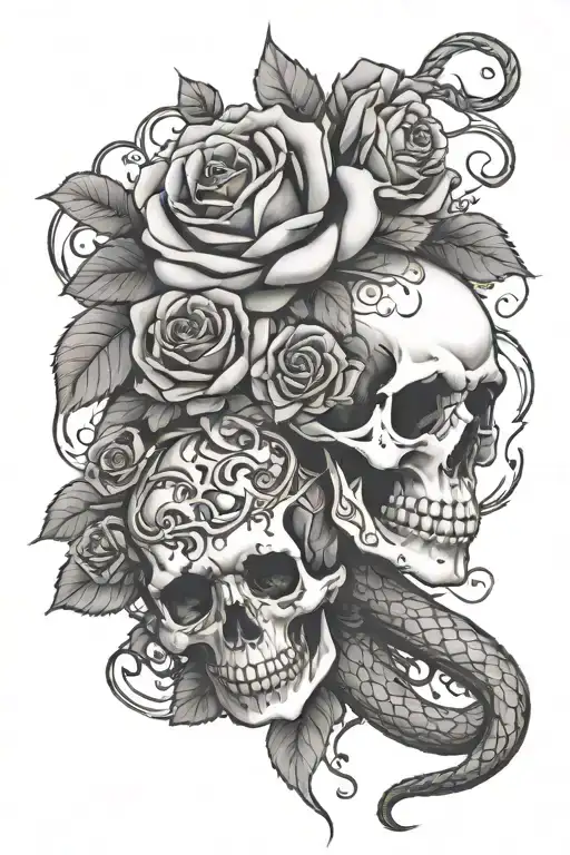 Roses and Skull and Snake wrapped tattoo design idea