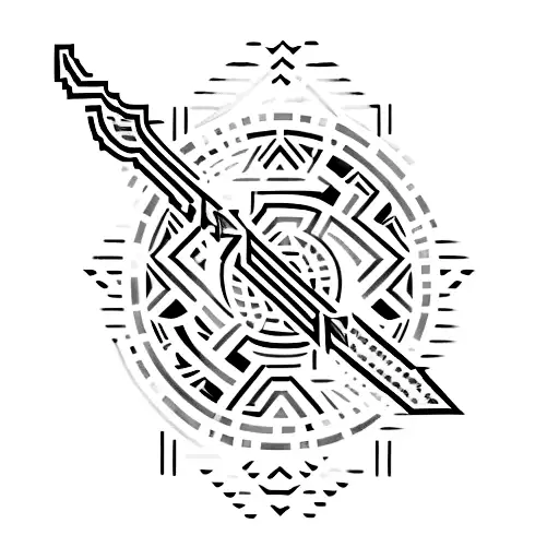 A tribal-inspired tattoo design of a pixelated arrow surrounded by kanji characters representing the client's determination and focus in their occupation as a representative tattoo design idea