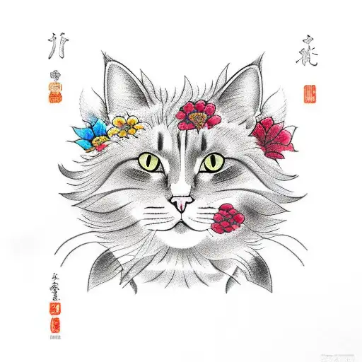 cat portrait with flower border tattoo design idea