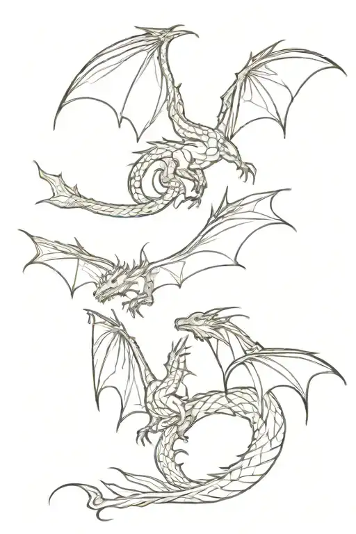 3 dragons fly, brown ink, dragons like from the game of thrones tattoo design idea