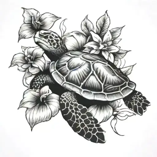 sea turtle and flower  tattoo design idea
