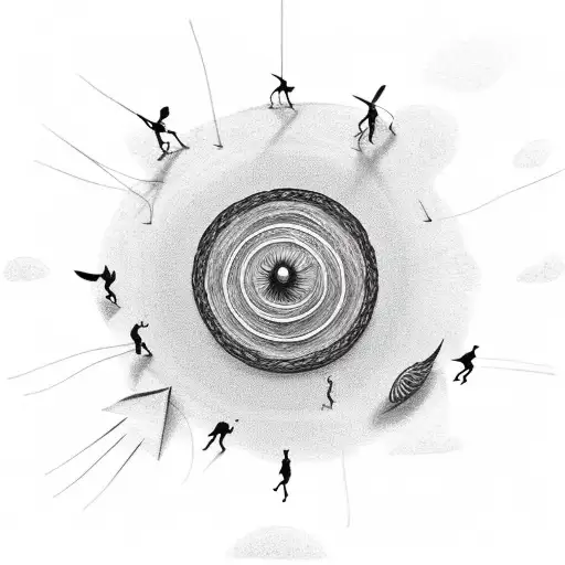 very small miniature stick figure characters standing in a circle around a burning sun tattoo design idea