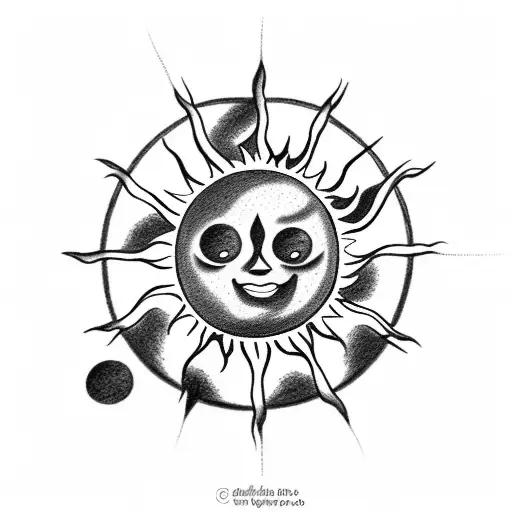 miniature stick figure characters standing in a circle around a very large burning sun tattoo design idea