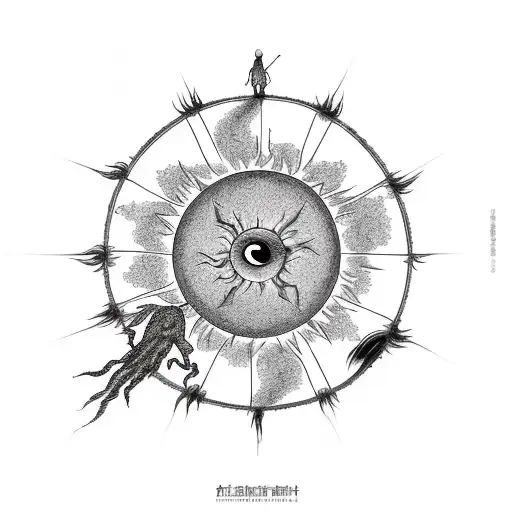 miniature stick figure characters standing in a circle around a very large burning sun tattoo design idea