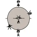 miniature stick figure characters standing in a circle around a very large burning sun tattoo design idea
