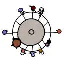 miniature stick figure characters standing in a circle around a very large burning sun tattoo design idea