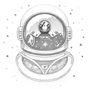 upside down astronaut, with a moon reflection on the helmet, floating in space and stars scattered around  tattoo design idea