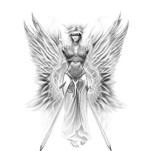angel and demon wings with flaming sword in between them tattoo design idea