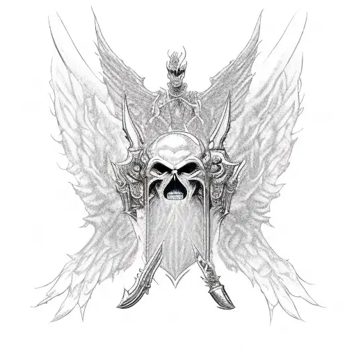 left side of the back angel wings  and right side of the back demon wings with flaming sword in between them tattoo design idea