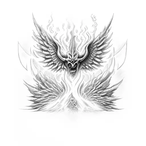 left side of the back angel wings  and right side of the back demon wings with flaming sword in between them tattoo design idea