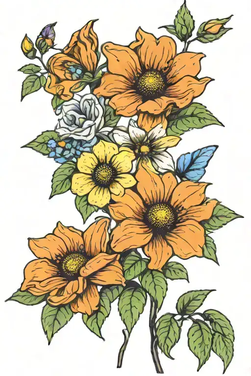 black eyed susan, poppy, bluebonnet, american pasque flower, rosa laevigata, orange blossom, magnolia, rose tattoo design idea