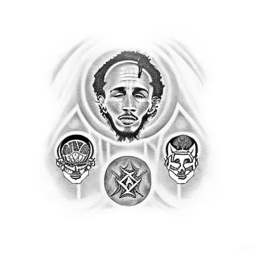A sleeve tattoo featuring iconic symbols and imagery associated with Mac Miller, Eminem, Bob Marley, Dr. Dre, Stone Temple Pilots, Soundgarden, The White Stripes, Led Zeppelin, and Pearl Jam, rendered in a bold and graphic style tattoo design idea
