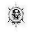 A sleeve tattoo featuring iconic symbols and imagery associated with Mac Miller, Eminem, Bob Marley, Dr. Dre, Stone Temple Pilots, Soundgarden, The White Stripes, Led Zeppelin, and Pearl Jam, rendered in a bold and graphic style tattoo design idea