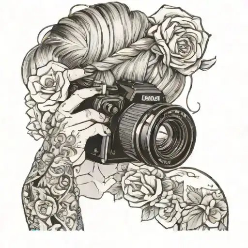 woman with hair up in a messy bun holding camera taking a picture. her shit in hanging down her left shoulder. floral tattoo design idea