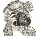 woman with hair up in a messy bun holding camera taking a picture. her shit in hanging down her left shoulder. floral tattoo design idea