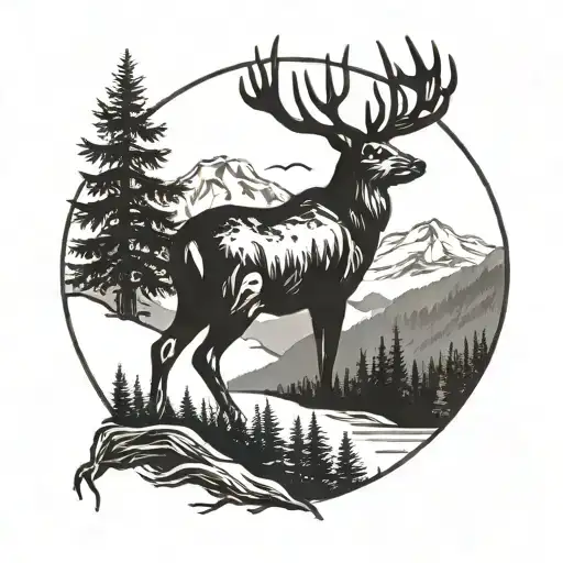 A deer silhouette with a mountain landscape inside, symbolizing your love for hunting and nature tattoo design idea