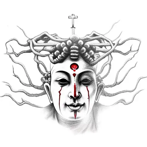 Six-armed Buddhist monk crucified with half-skull face tattoo design idea