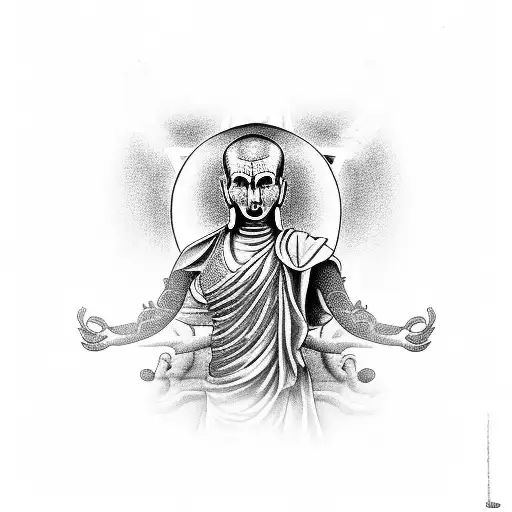 six-armed Buddhist monk on a cross with half a skull face tattoo design idea