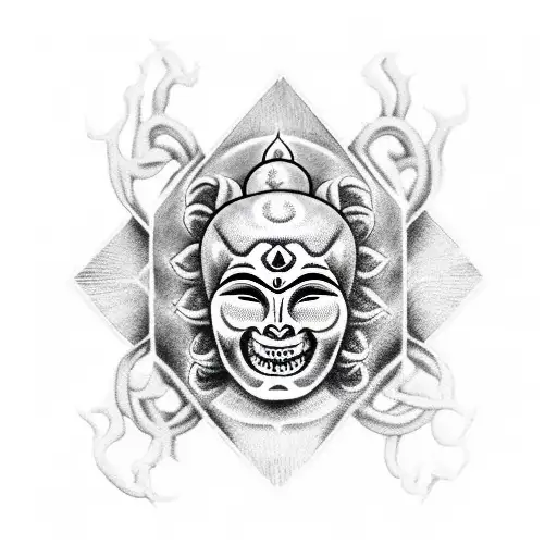 six-armed Buddhist monk on a cross with half a skull face tattoo design idea