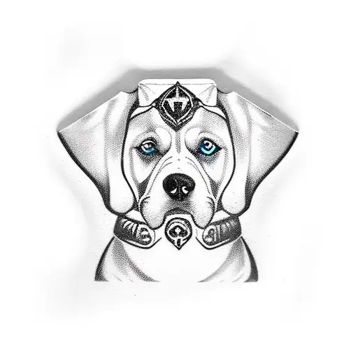 Create a minimalist tattoo of a dog wearing a World of Warcraft Alliance symbol as a collar tag tattoo design idea
