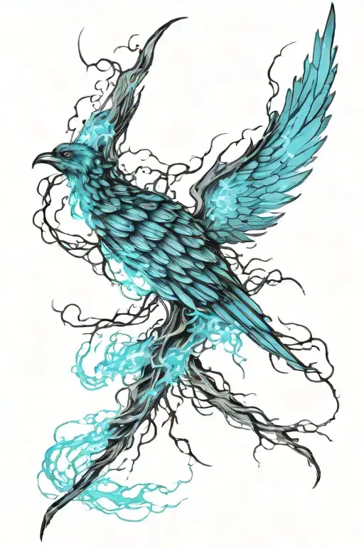 Lightning storm, black teal and blue, smokey wisps, angel wing tattoo design idea