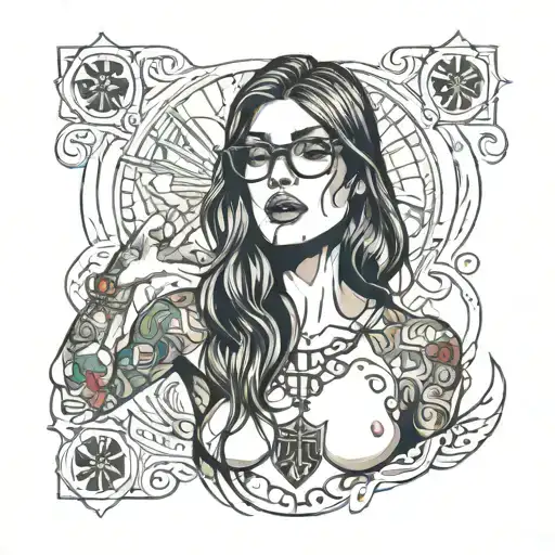 skinny nude girl, glasses, small breast, long straight brown hair wet, in ecstasy, aces of spades, colors tattoo design idea