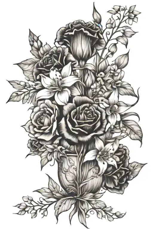 bouquet with violets, daffodils, sweet peas , lily of the valley , gladiolus, poppies, aster, morning glories, marigolds tattoo design idea