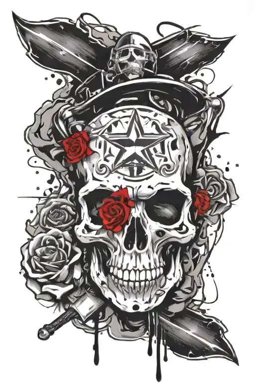maltese cross, rose, skull, axe, firefighter  tattoo design idea