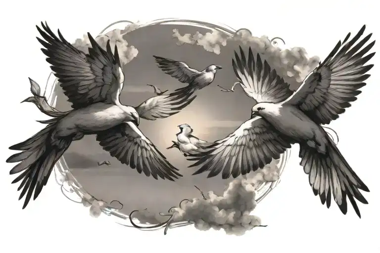 Doves flying away and fading into the distance sunset tattoo design idea