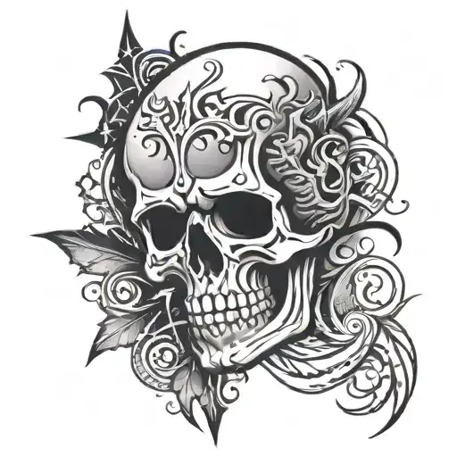 skull with tribal around it  with stars smoke and flames  tattoo design idea