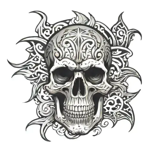 skull with tribal around it wstars smoke flames surrounding tattoo design idea