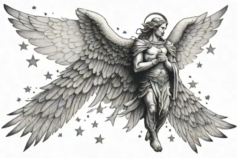 michaek the archangel, wings, stars tattoo design idea