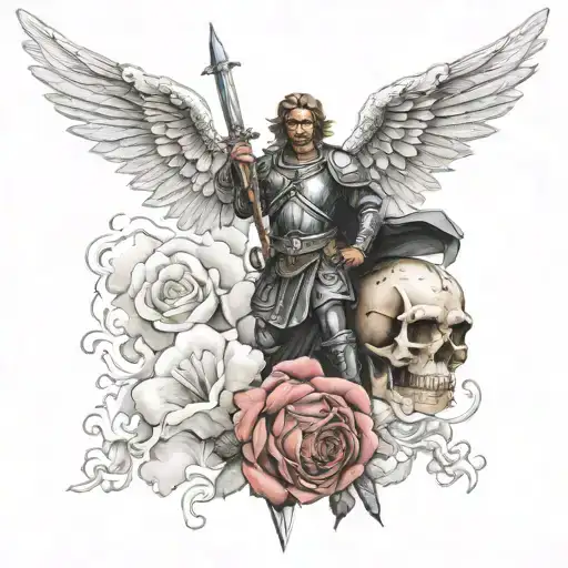 Michael the archangel, cloud background, sword, skull, rose  tattoo design idea