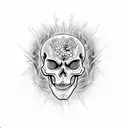 A skeleton playing an electric guitar with flames coming out of the headstock tattoo design idea