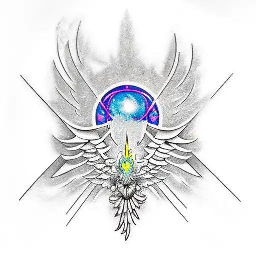 A futuristic cybernetic phoenix emerging from a snowflake ice crystal tattoo design idea