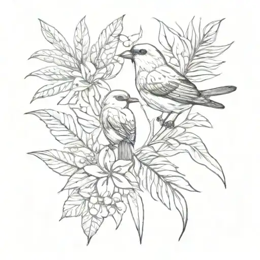 mid century small bird and tropical plants tattoo design idea