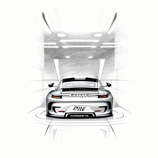 A detailed sketch of a Porsche 911 GT3 RS in motion tattoo design idea