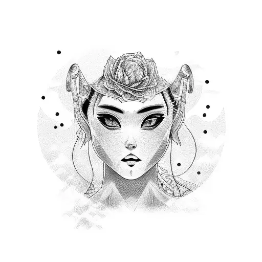 A dotwork illustration of a woman drifting in a Japanese sports car tattoo design idea